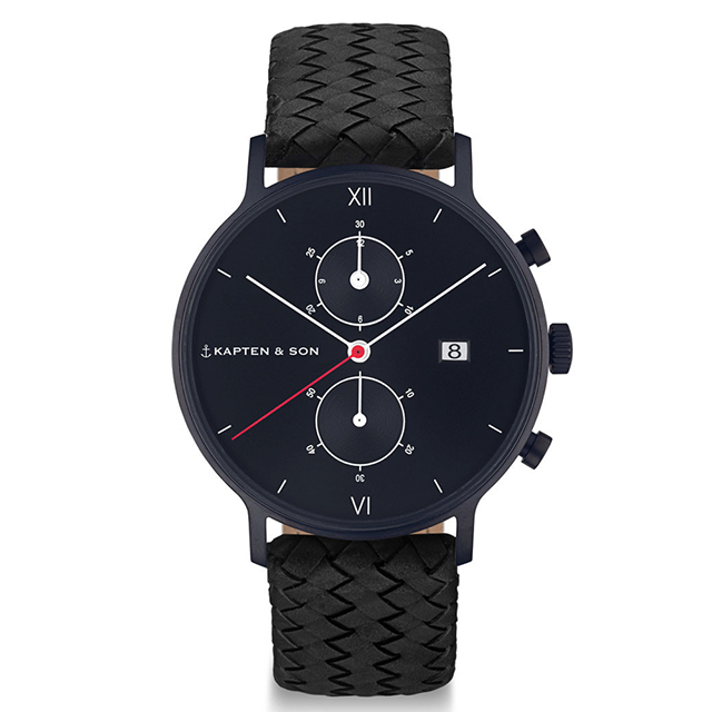 Kapten & Son CHRONO計時系列黑色錶盤編織手錶(黑)