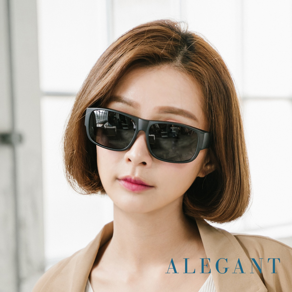 【ALEGANT】潮流果凍黑色方框全罩式寶麗來偏光墨鏡/外掛式UV400太陽眼鏡/包覆套鏡