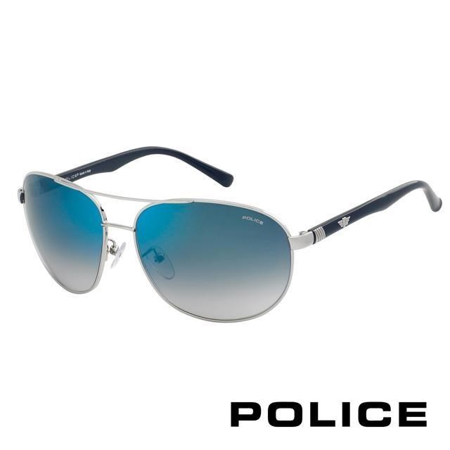 POLICE 時尚飛行員太陽眼鏡★金屬質感框面★(黑+藍) POS8641-579B
