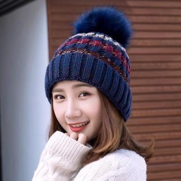 新款秋冬韓版冬天帽子女士捲邊拼色毛線帽毛球保暖帽子毛線針織帽+圍脖