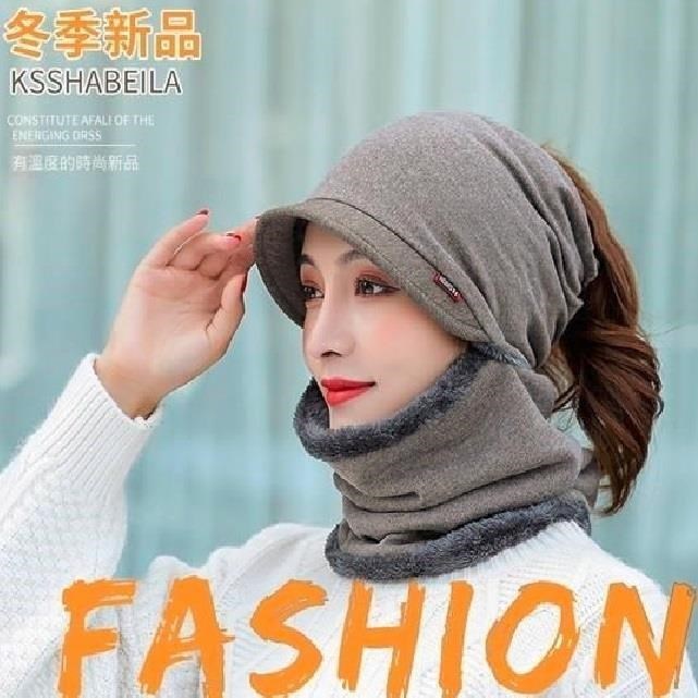 加絨加厚兩用帽沿包頭帽圍脖二件組