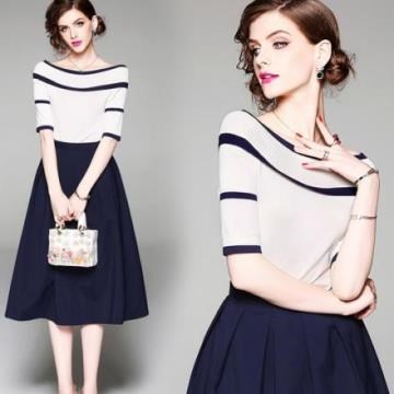 《D'Fina 時尚女裝》俐落感線條 微一字領針織+A字裙OL兩件式套裝