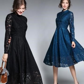《D'Fina 時尚女裝》歐美修身 復古優雅蕾絲中長版連身洋裝 (2色)