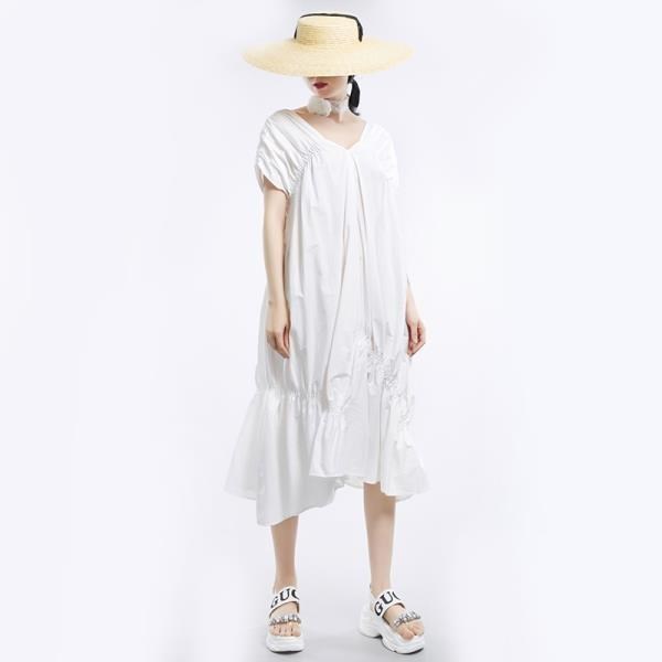 《D'Fina 時尚女裝》 韓版V領 復古時尚法式桔梗風連身洋裝 (2色)