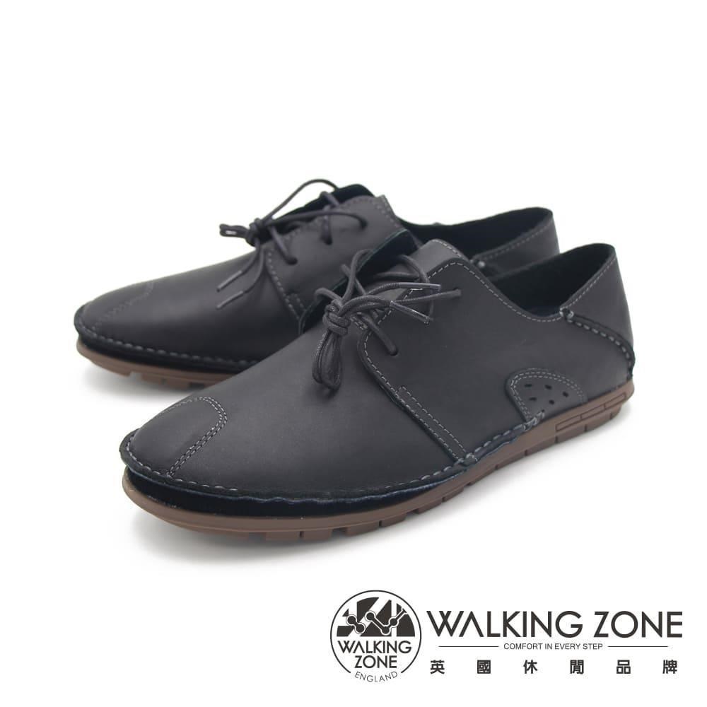 WALKING ZONE 真皮自然剪裁英倫皮革開車鞋綁帶-黑