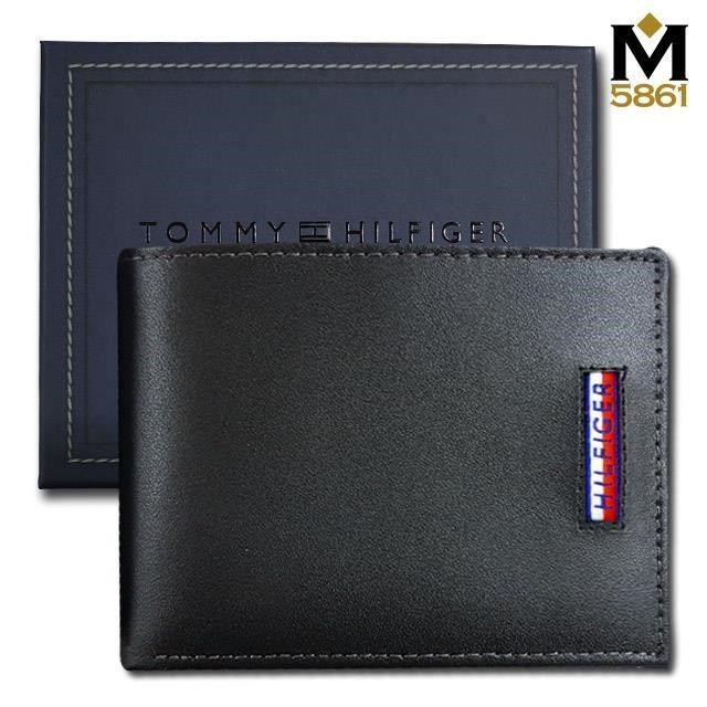 【Tommy】Tommy Hilfiger 男皮夾 短夾 牛皮夾 多卡夾 大鈔夾 直式Logo 品牌盒裝﹧黑色