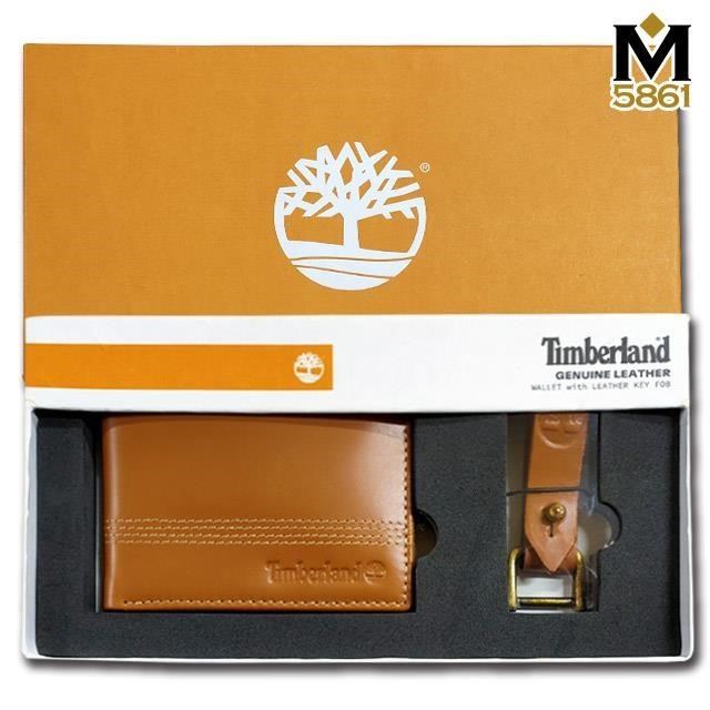【Timberland】男皮夾 短夾 簡式卡夾+鑰匙圈套組 品牌盒裝+原廠提袋﹧棕色