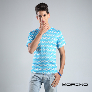 【MORINOxLUCAS設計師聯名】吸排涼爽印花圓領衫 白底藍色