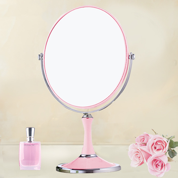 【幸福揚邑】8吋超大歐式時尚梳妝美容化妝放大雙面桌鏡橢圓鏡-粉紅