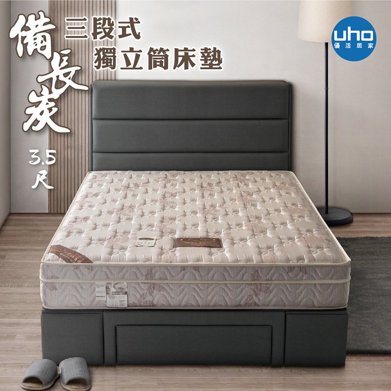 【UHO卡莉絲名床】三段式備長碳三線3.5尺單人獨立筒床墊
