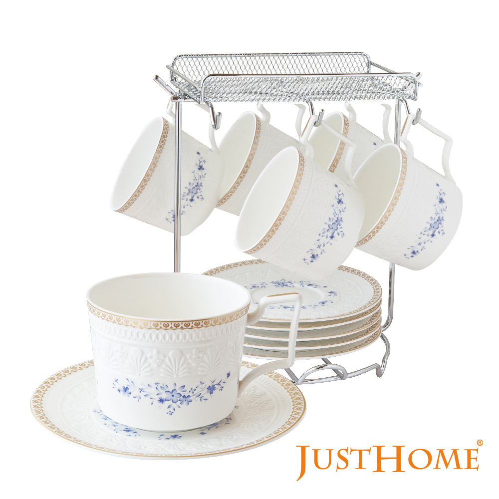 Just Home韋格納新骨瓷6入咖啡杯盤組附收納架(附禮盒)