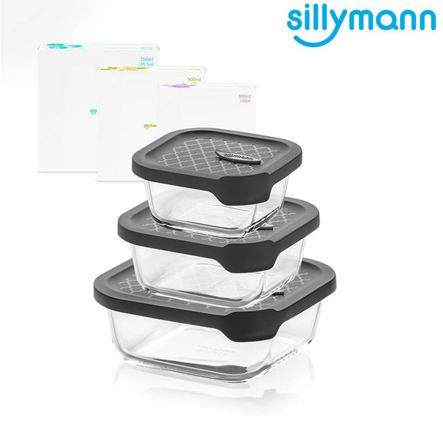【韓國sillymann】 正方型三件組-100%鉑金矽膠微波烤箱輕量玻璃保鮮盒組-灰