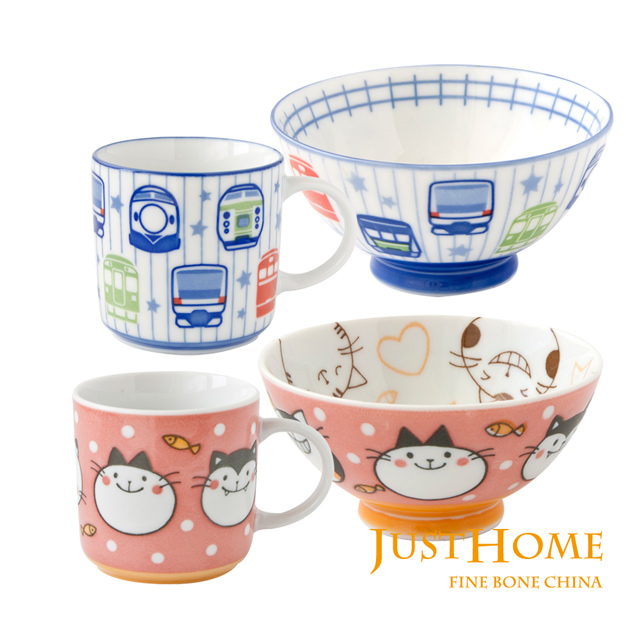 Just Home日本製童趣生活陶瓷4件兒童餐具組(馬克杯+飯碗)