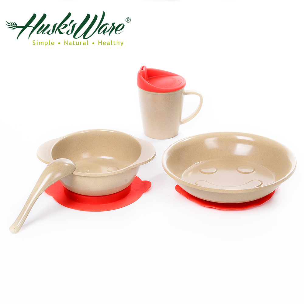 【美國Husk’s ware】稻殼天然無毒環保兒童餐具三件組(附贈湯匙) -紅色