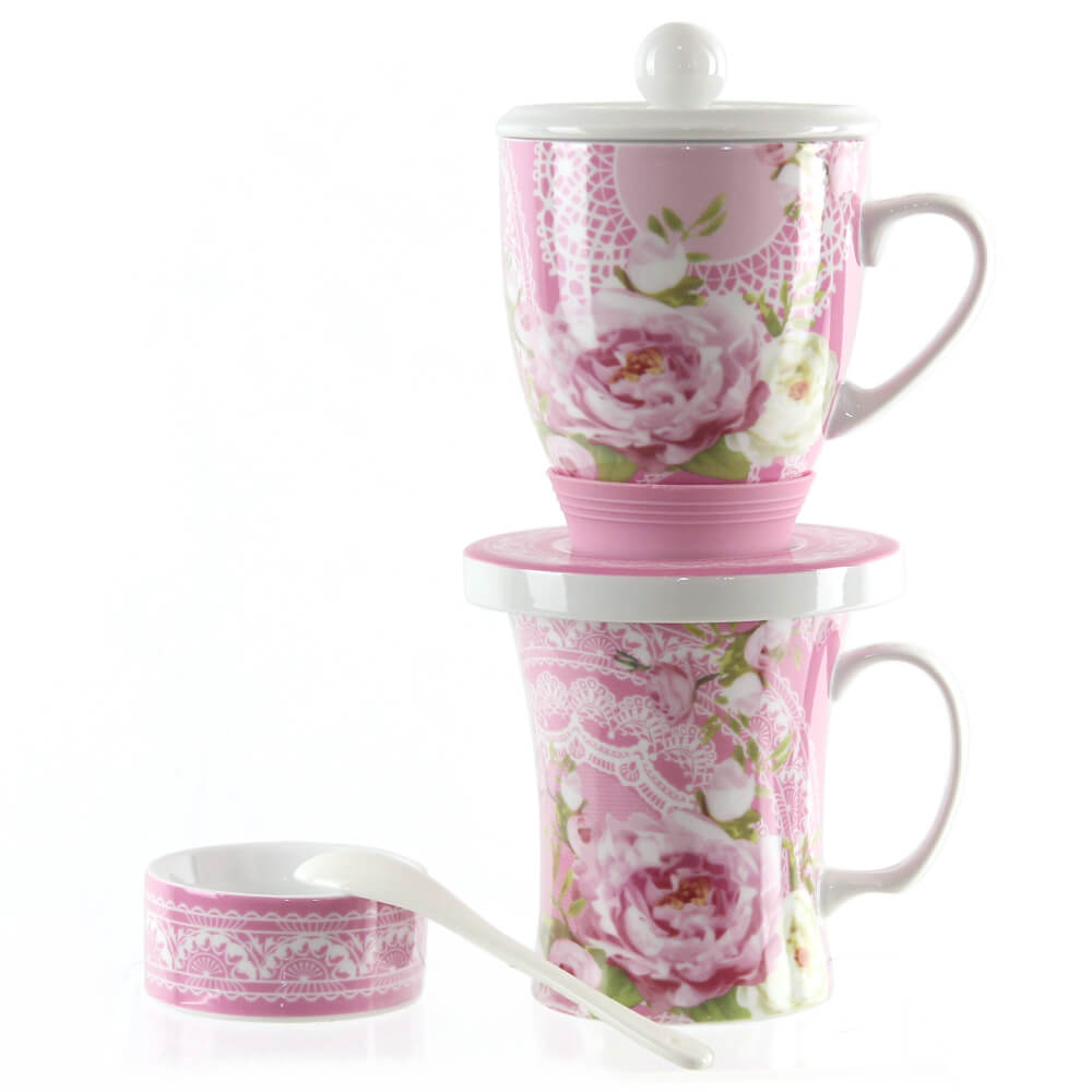 風行日本-陶瓷滴漏杯組(咖啡、花茶)-粉紅蕾絲花