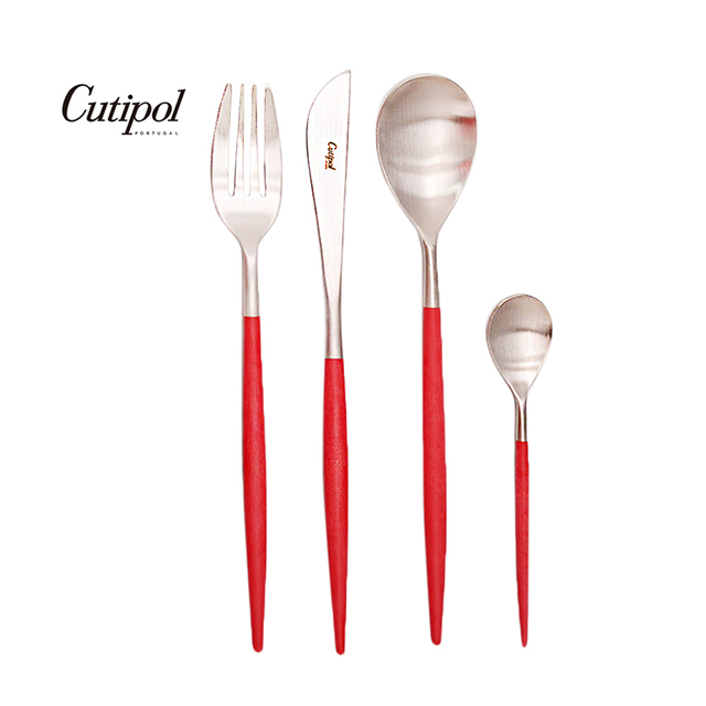 葡萄牙Cutipol MIO系列-紅柄霧面不銹鋼-21.5cm主餐刀叉匙12cm咖啡匙-4件組