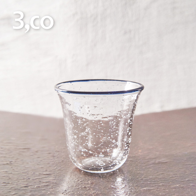 【3,co】手工氣泡感玻璃杯(小) - 藍邊