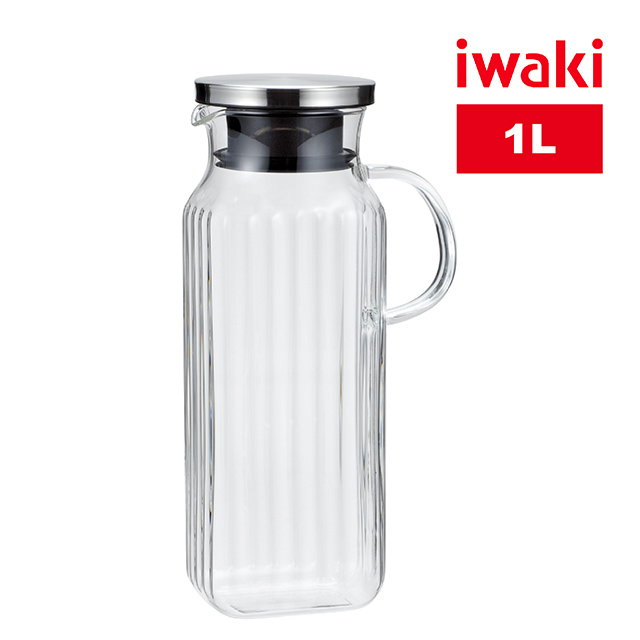 【iwaki】耐熱玻璃金屬蓋水壺 1L(手柄方型款)