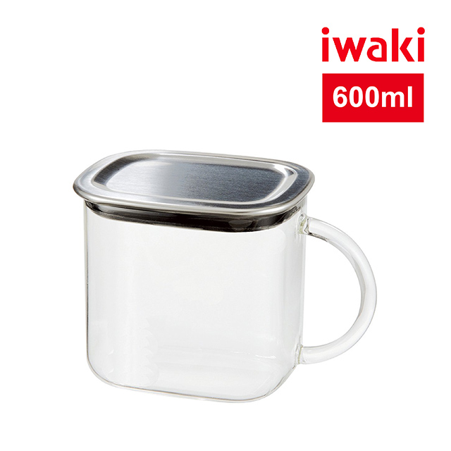 【iwaki】日本耐熱玻璃不銹鋼蓋方型把手收納盒600ml