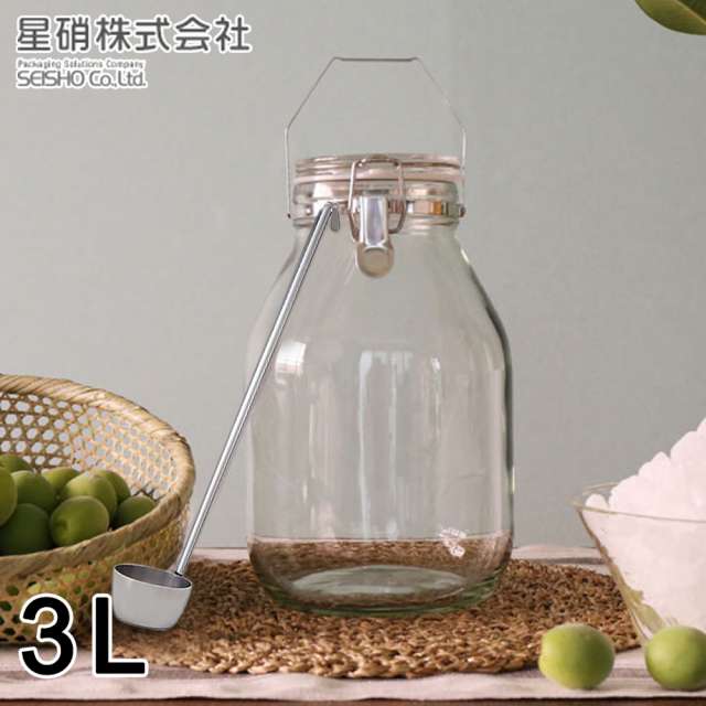 【日本星硝】日本製醃漬/梅酒密封玻璃儲存罐3L(日本製可掛式不鏽鋼長勺)