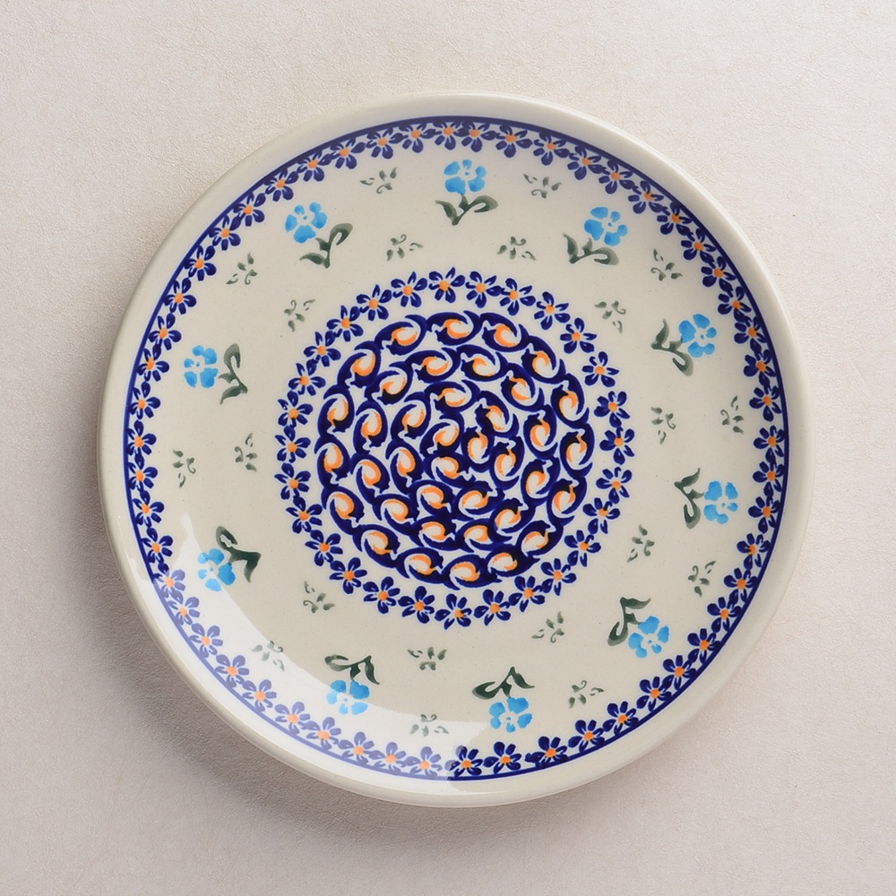 波蘭陶 青藍小花系列 淺底圓形餐盤 19cm 波蘭手工製