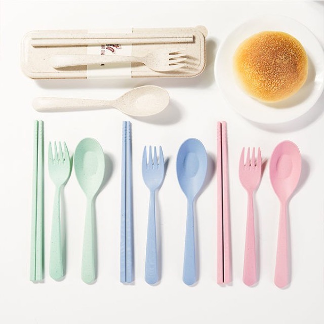 1組二入 小麥桿環保系列餐具 便攜三件套組 叉子 湯匙 筷子 餐具 環保餐具