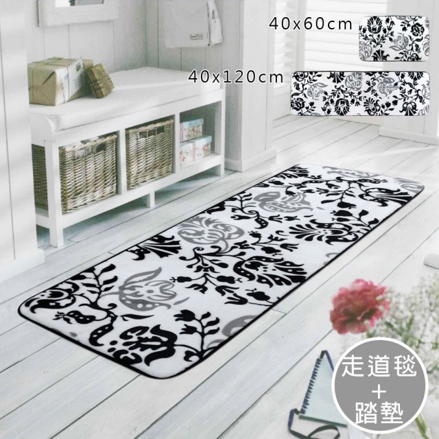 範登伯格 法蘭絨柔軟壓抗止滑走道墊+踏墊-圖藤花 40x120+40x60cm