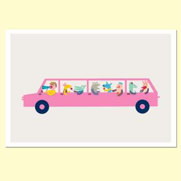 【摩達客】西班牙知名插畫家Judy Kaufmann藝術創作海報掛畫裝飾畫-粉紅汽車 (附Judy本人簽名)(含木框)