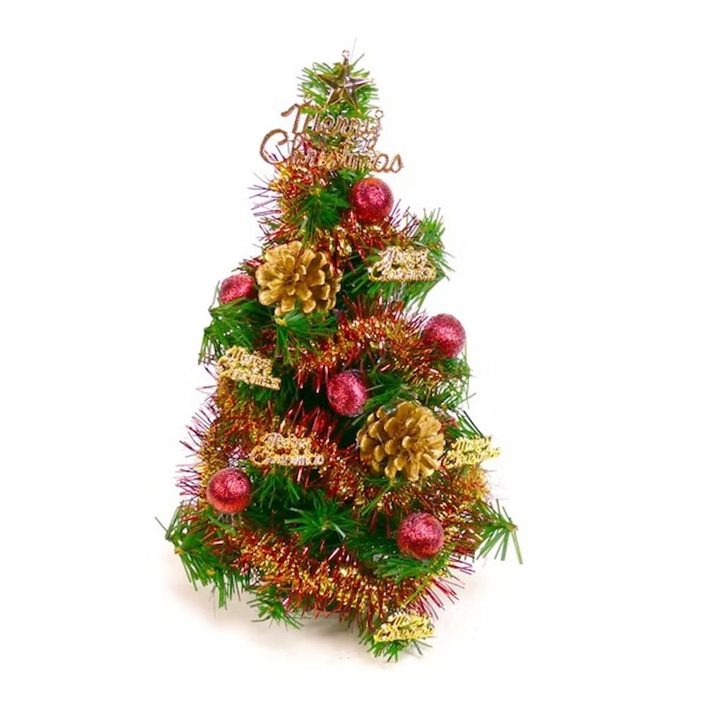 【摩達客】臺灣製迷你1呎/1尺(30cm)裝飾綠色聖誕樹(紅金松果色系)