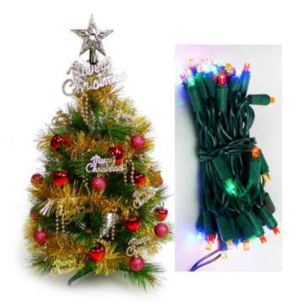 【摩達客】台灣製2尺/2呎(60cm)特級綠色松針葉聖誕樹 (+紅蘋果金色系飾品組) +LED50燈彩色燈串