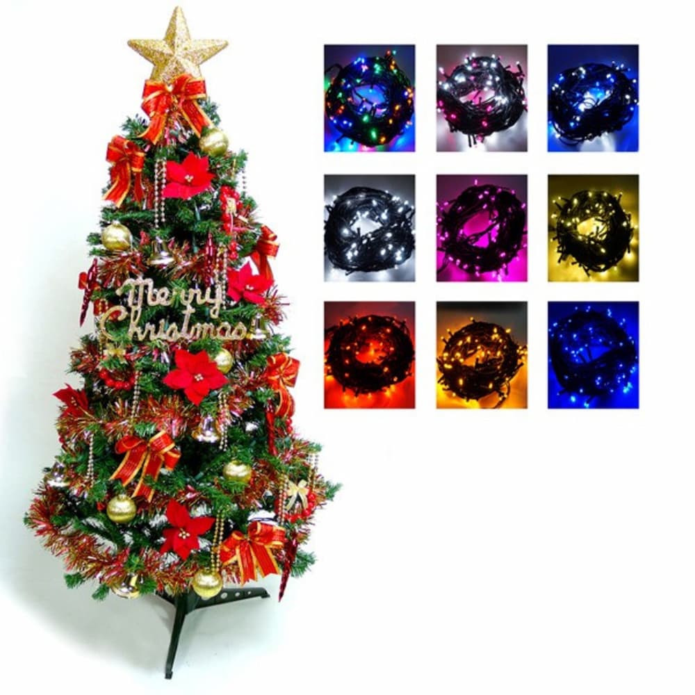 【摩達客】超級幸福15尺(450cm)一般型裝飾綠聖誕樹(+紅金色系配件組+100燈LED燈9串)(附控制器跳機)