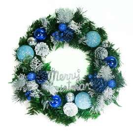 【摩達客】14吋豪華高級綠色聖誕花圈(藍銀色系)(台灣手工組裝)