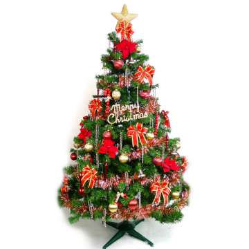 【摩達客】台灣製5尺/5呎(150cm)豪華版裝飾綠聖誕樹 (+飾品組-紅金色系)(不含燈)