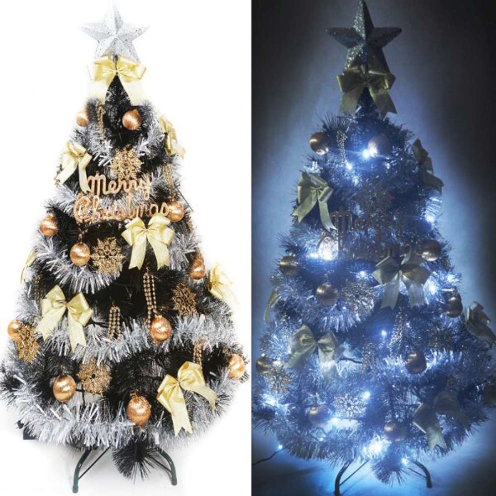 【摩達客】台灣製6尺(180cm)特級黑色松針葉聖誕樹 (金銀系配件+100燈LED燈白光2串)(附控制器跳機)