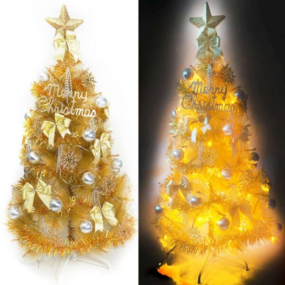 【摩達客】台灣製6尺(180cm)特級金色松針葉聖誕樹 (金銀色系配件+100燈LED燈黃光2串)(附控制器跳機)