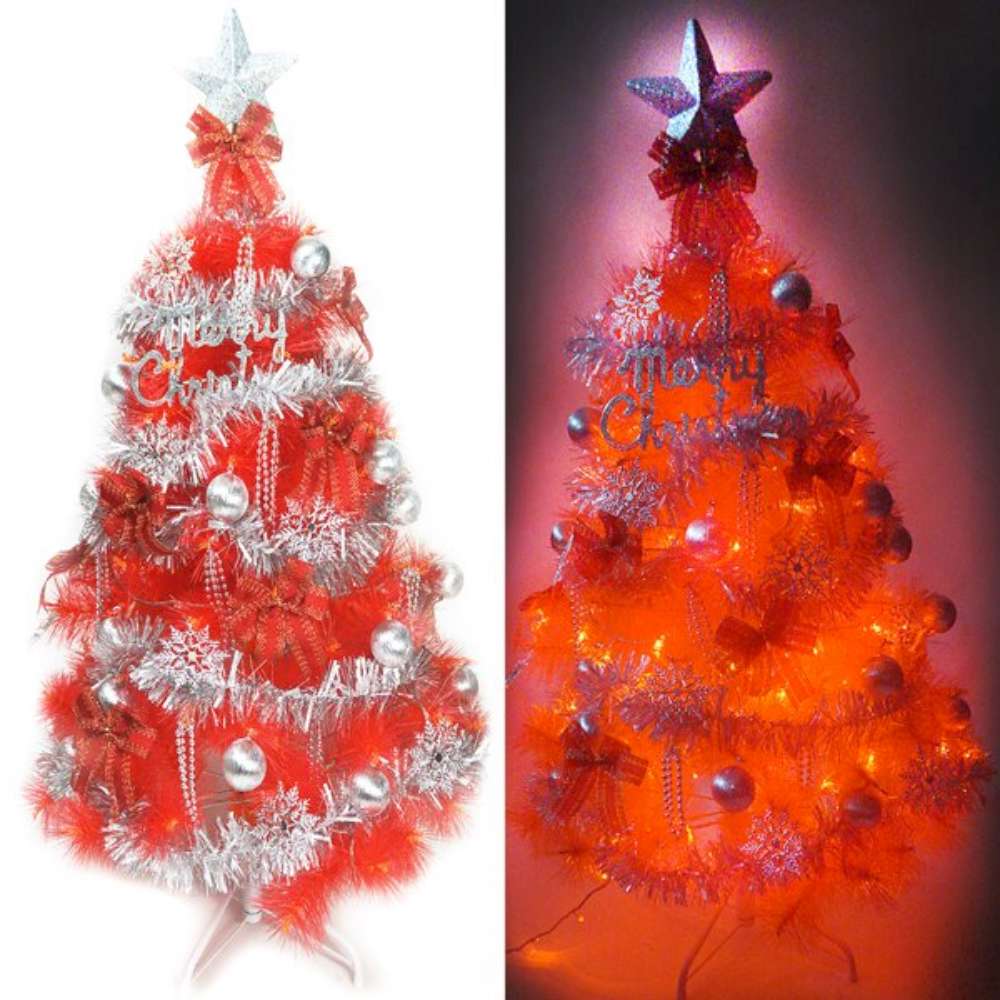 【摩達客】台灣製6尺(180cm)特級紅色松針葉聖誕樹 (銀紅色系配件+100燈LED燈紅光2串(附控制器跳機)