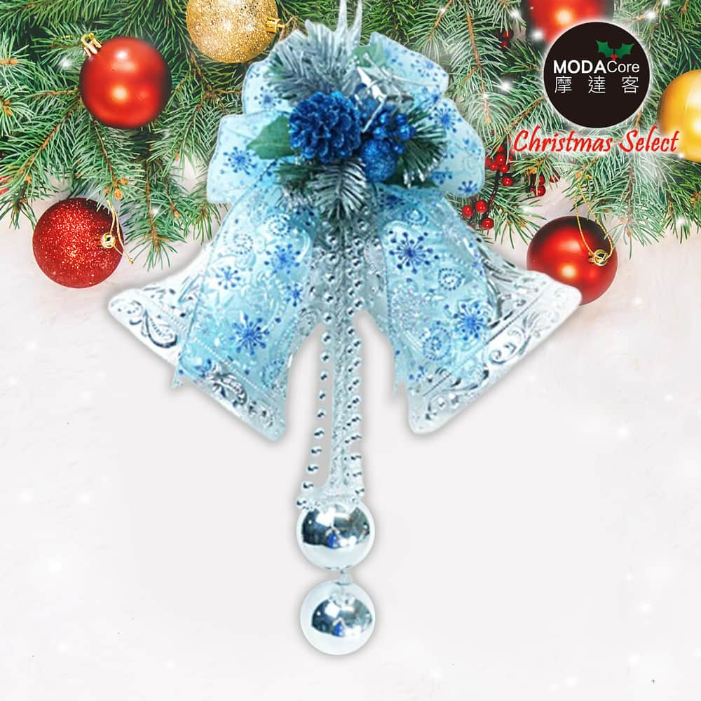 【摩達客】6吋浪漫透明緞帶雙花鐘吊飾-藍銀色