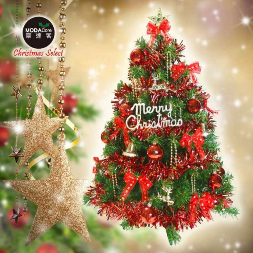 摩達客 台灣製3尺/3呎(90cm)豪華型裝飾綠色聖誕樹(紅金色系配件)(不含燈)