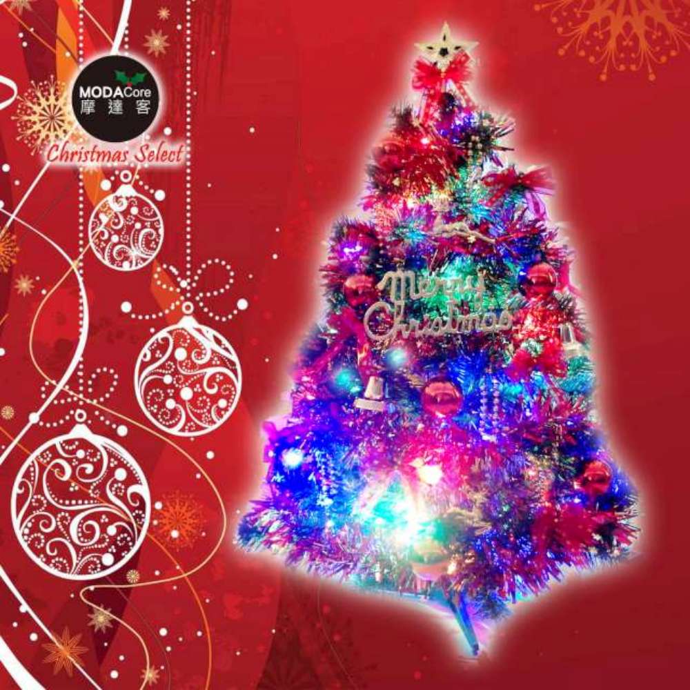 摩達客 台灣製3尺/3呎(90cm)豪華型裝飾綠色聖誕樹(紅金色系配件)+50燈LED燈插電式燈串一串彩光