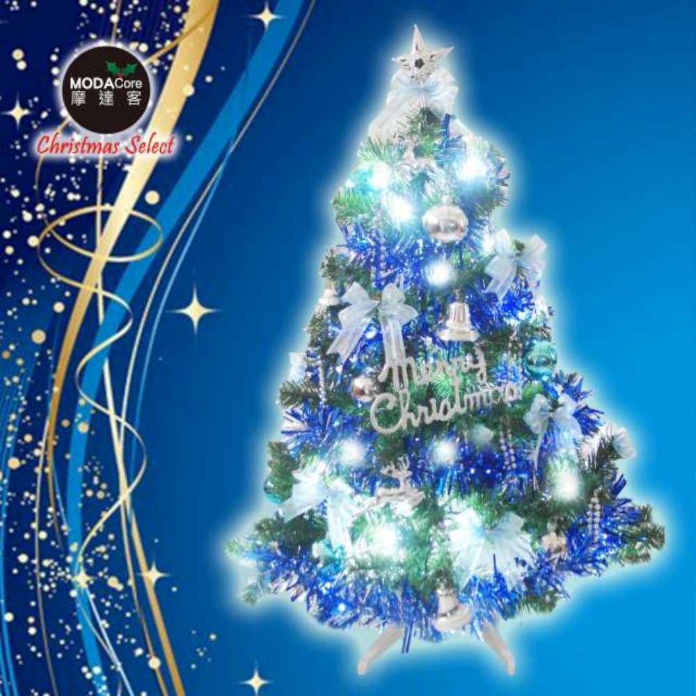 摩達客 台灣製3尺/3呎(90cm)豪華型裝飾綠色聖誕樹(藍銀色系配件)+50燈LED燈插電式燈串一串藍白光