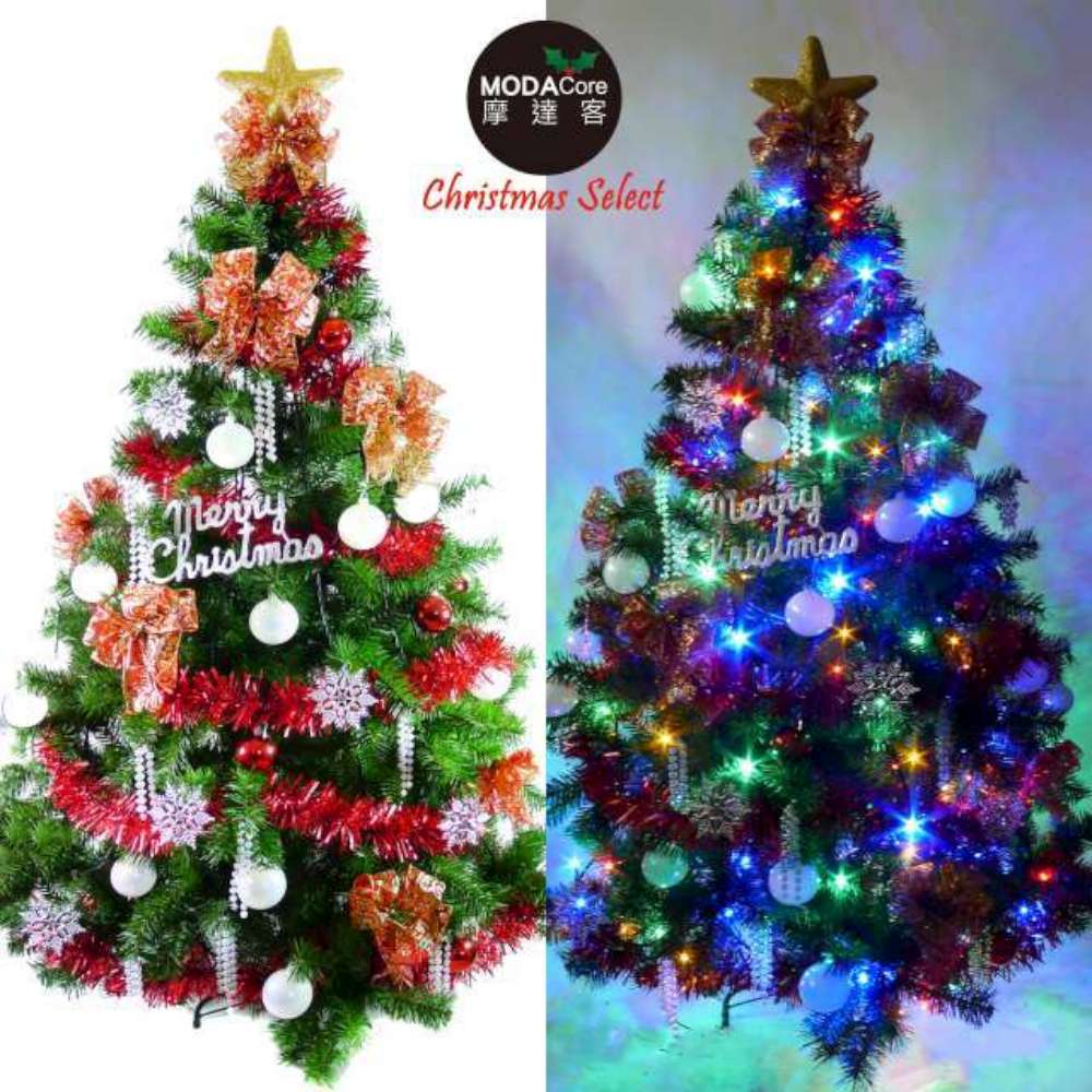【摩達客】台灣製6尺(180cm)高級豪華版綠聖誕樹+白五彩蝴蝶結系飾品組+100燈LED燈彩光2串