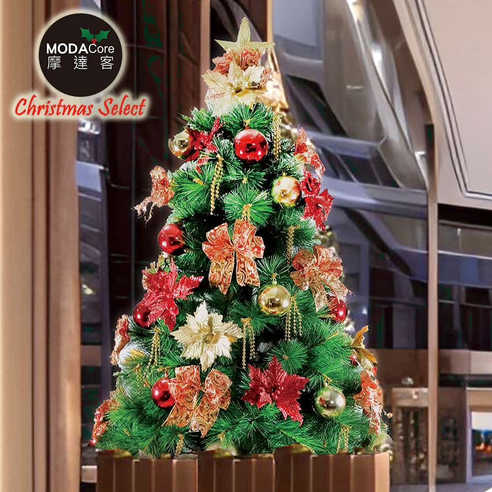 【摩達客】台灣製6尺(180cm)特級綠松針葉聖誕樹+聖誕花蝴蝶結系配件-高級豪華組(不含燈)