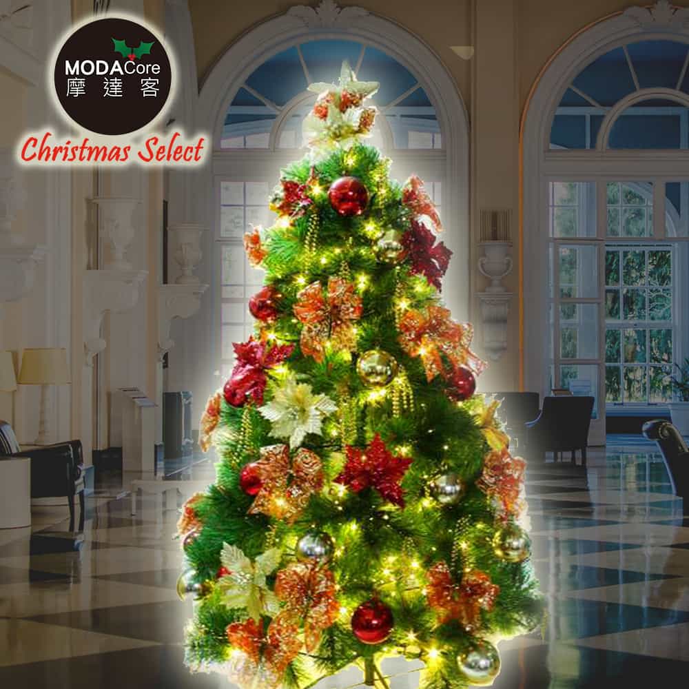 【摩達客】台灣製6尺(180cm)特級綠松針葉聖誕樹+聖誕花蝴蝶結系配件+100燈LED燈暖白光2串