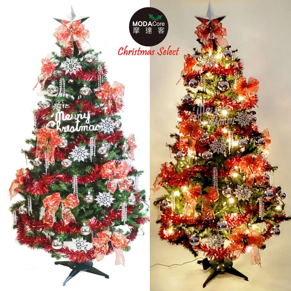 摩達客 幸福6尺/6呎(180cm)一般型裝飾綠色聖誕樹+銀雪花紅系配件+100燈LED燈暖白光1串(附控制器)