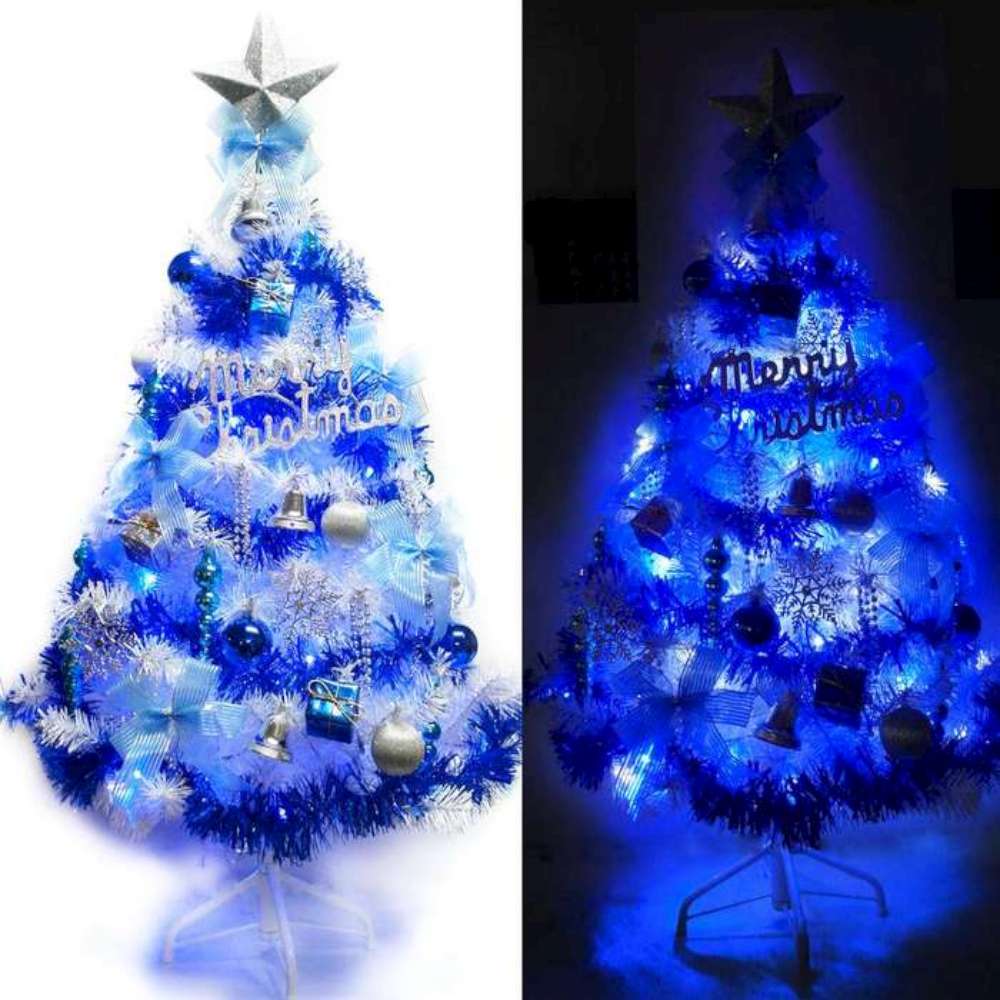 【摩達客】台灣製7呎/7尺(210cm)豪華版夢幻白色聖誕樹(銀藍系配件組)+100燈LED燈藍白光2串(附IC控制器)