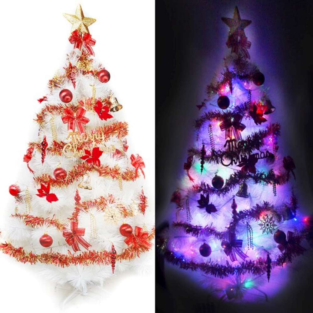 【摩達客】台灣製7尺(210cm)特級白色松針葉聖誕樹 (紅金色系)+100燈LED燈彩光2串(附控制器跳機)