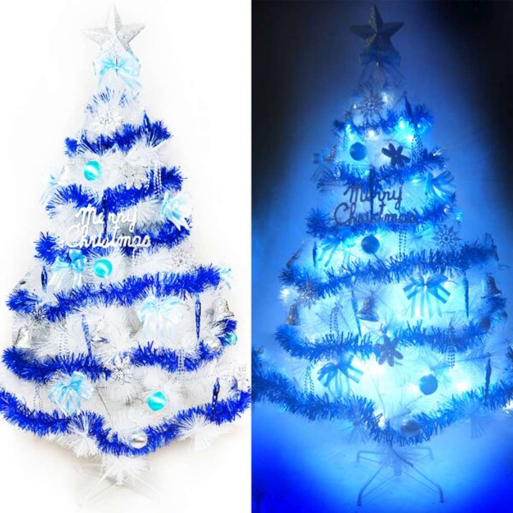 【摩達客】台灣製7尺(210cm)特級白色松針葉聖誕樹 (藍銀色系)+100燈LED燈藍白光2串(附控制器跳機)