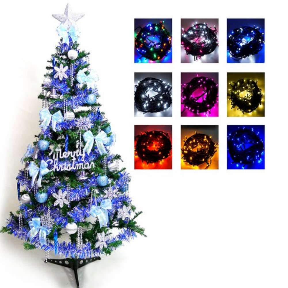 【摩達客】超級幸福10尺(300cm)一般型裝飾綠聖誕樹(+藍銀色系配件組+100燈LED燈6串)(附跳機控制器)