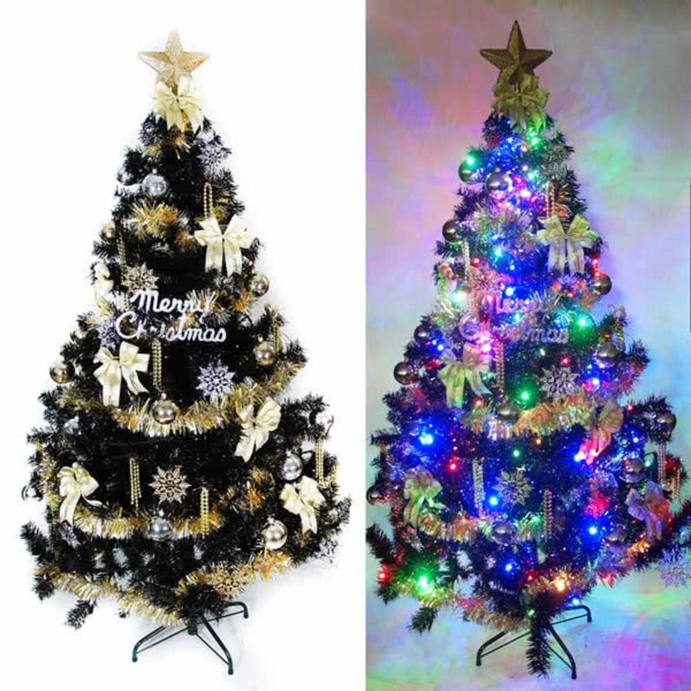 【摩達客】台灣製15尺(450cm)時尚豪華版黑色聖誕樹+金銀色系配件組+100燈LED燈彩光9串(附跳機控制器)