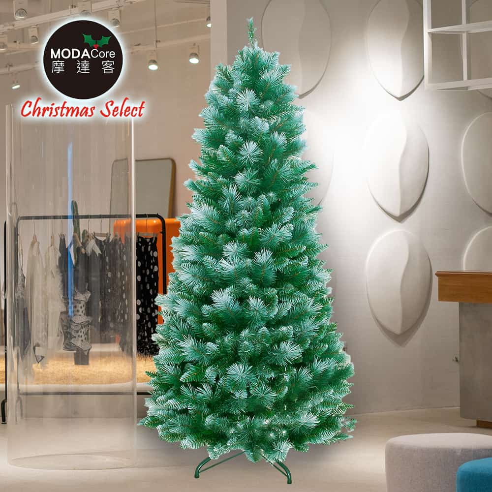 摩達客 6尺/6呎(180cm) 彈簧摺疊豪華松針混葉刷雪白頭綠色聖誕樹(組裝便利)
